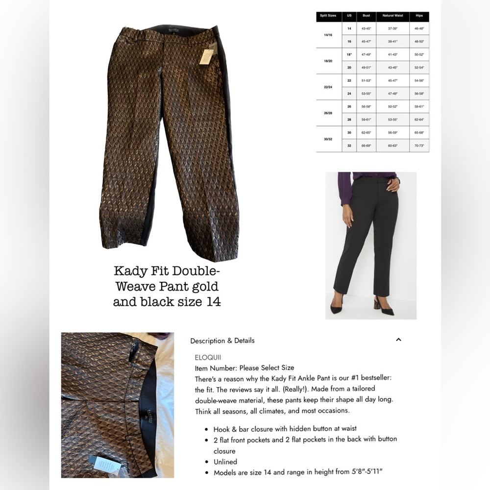 Kady Fit Double-Weave Pants gold and black size 14